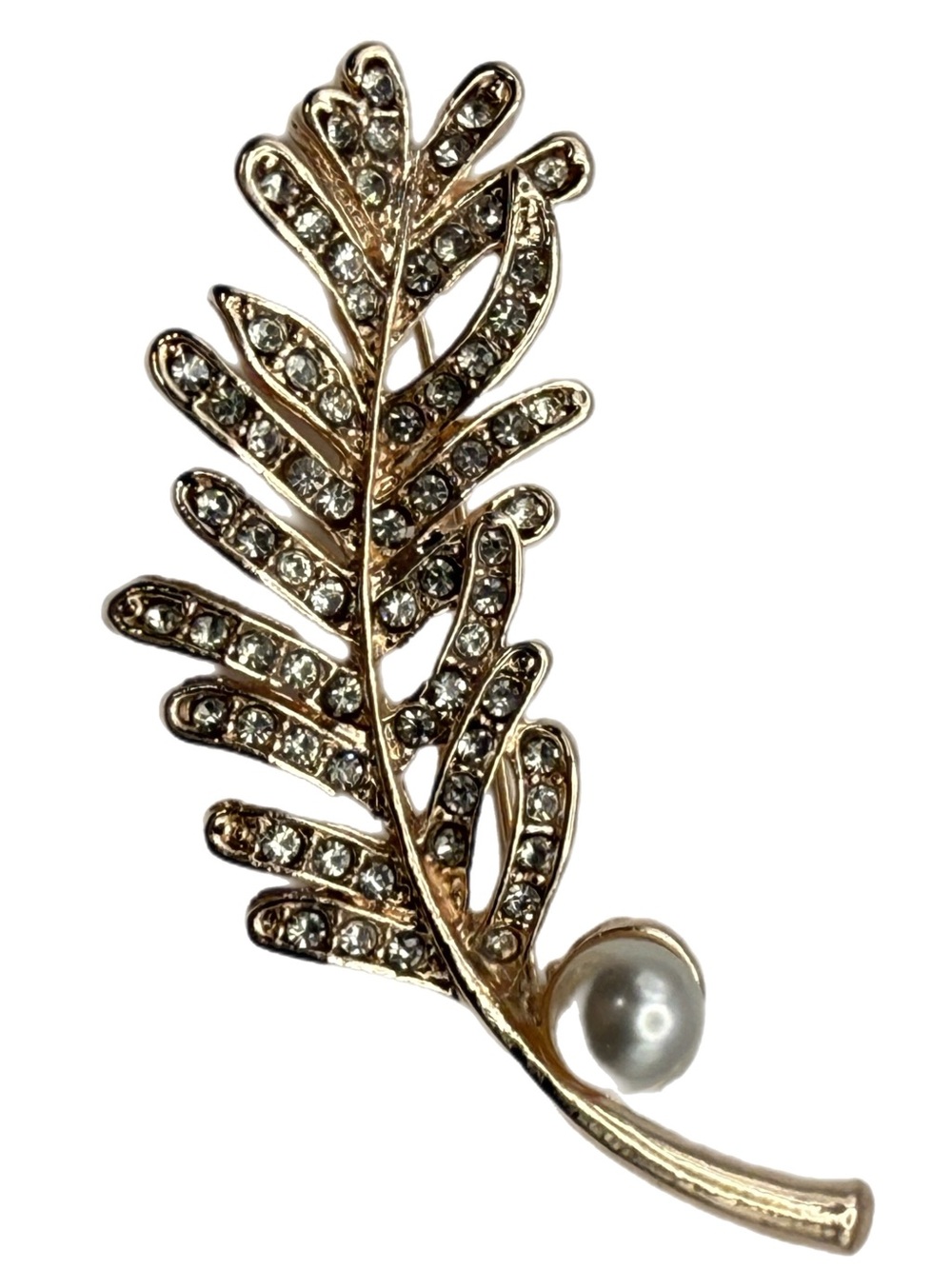 Source Unknown Gold Leaf Brooch with Clear Crystals and Pearl‎